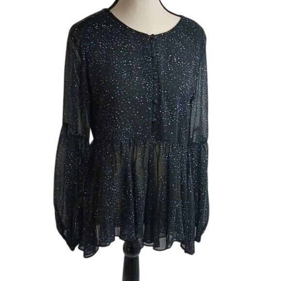 Halston Blouse Black Blue Polka Dot Semi Sheer Balloon Sleeve Ruffle Size S - Picture 1 of 6